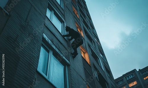 Person climbing building at dusk. photo