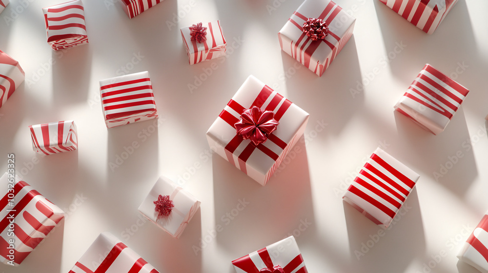 Obraz premium Red and White Striped Gift Boxes With Red Bows on White Background