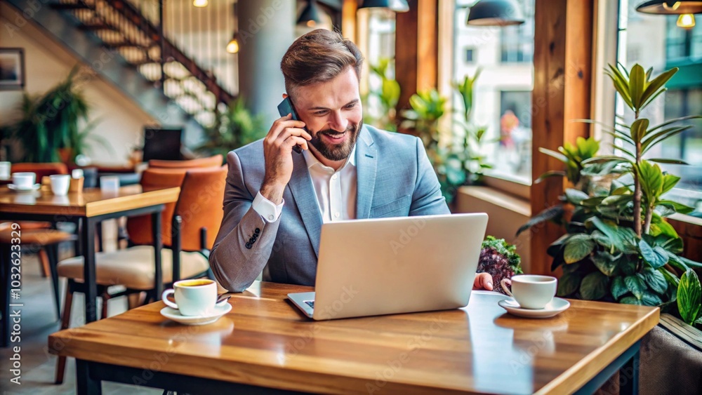 A person multitasking with a laptop and phone while working from a café A person multitasking with a laptop and phone while working from a café