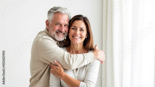 Happy smiling romantic middle aged couple, man and woman hugging while looking at camera on white background. Free space for text