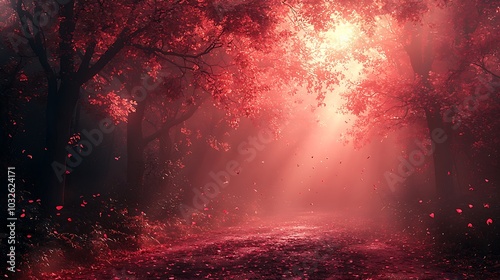 A path through a red autumn forest, with falling leaves and a magical glow.