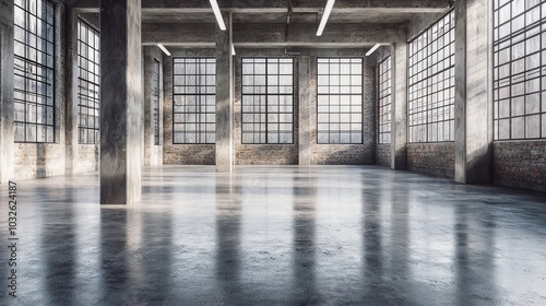 Minimalist Industrial Building Interior with Polished Concrete