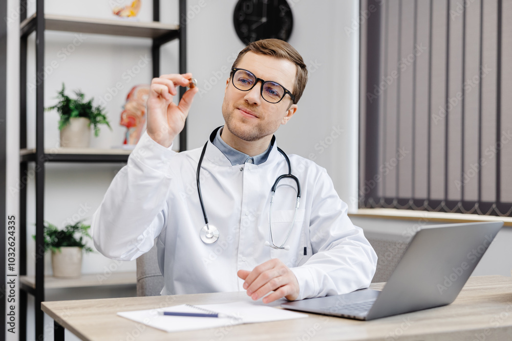 Young attractive doctor otolaryngologist sitting at his workplace in the office and holding an ear funnel in his hands Young attractive doctor otolaryngologist sitting at his workplace in the office and holding an ear funnel in his hands