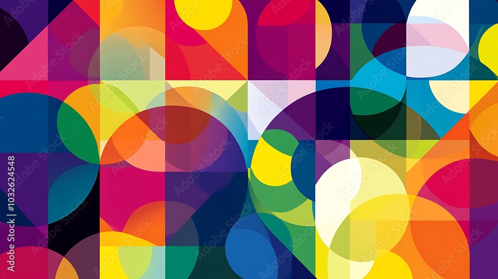 Obraz premium A dynamic image filled with abstract geometric shapes such as circles, squares, triangles, and hexagons, all layered in a mesmerizing, colorful pattern. Each shape blends seamlessly into one another, 