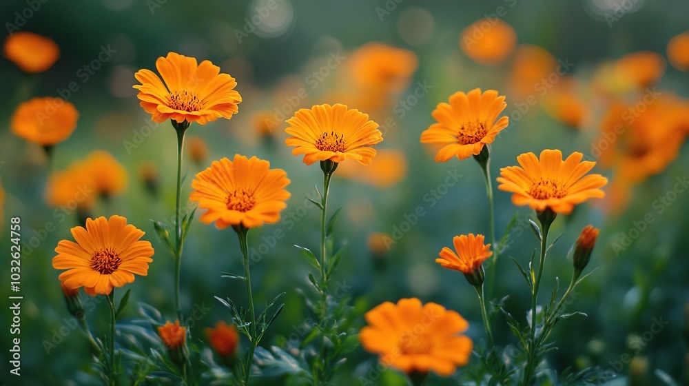 Bright orange marigold flowers in a vibrant field setting Bright orange marigold flowers in a vibrant field setting