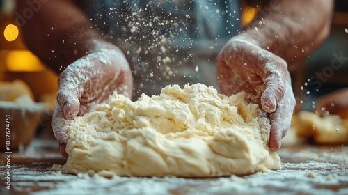 the baker's hands knead a large piece of dough