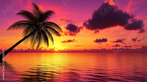 The sun sets painting the sky as a lone palm tree stands by the tranquil shore