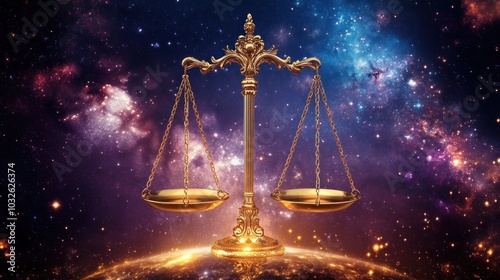 A golden scale symbolizing justice against a cosmic background.