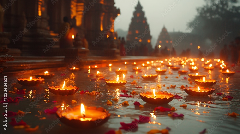 Indian temple with diyas for Diwali Indian temple with diyas for Diwali