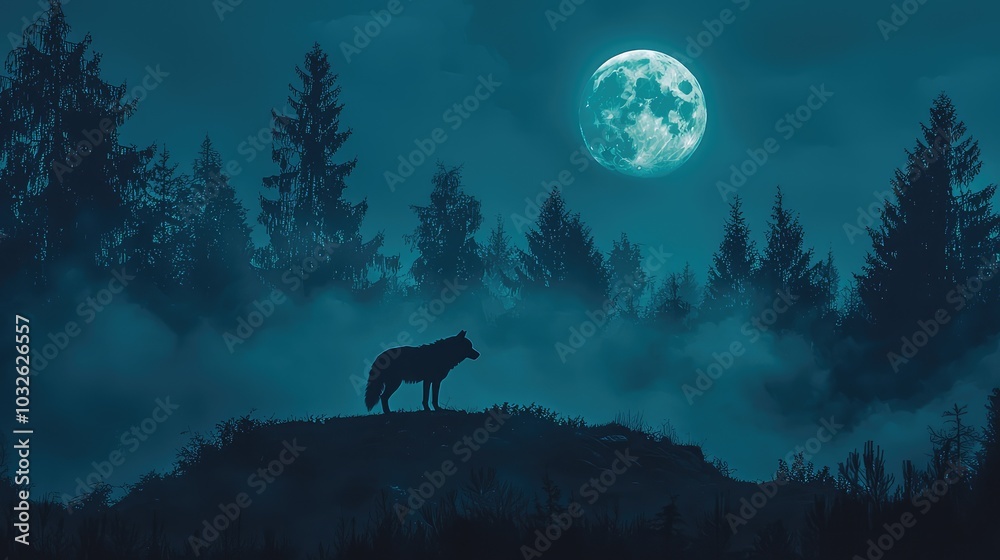 Mysterious Lone Wolf Silhouette Against Moonlit Forest Mysterious Lone Wolf Silhouette Against Moonlit Forest