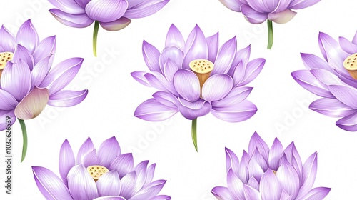 A serene pattern featuring beautiful purple lotus flowers against a white background, symbolizing purity and tranquility.