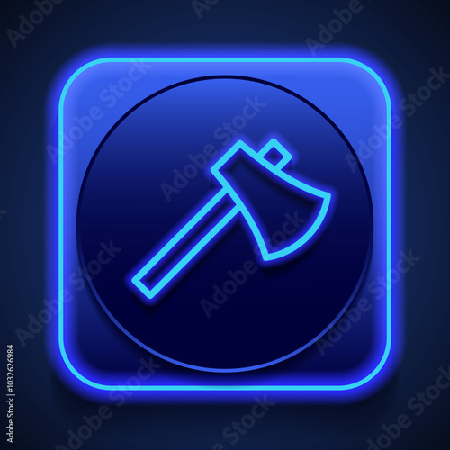 Axe simple icon vector. Flat design. Blue neon style on button. With shadow