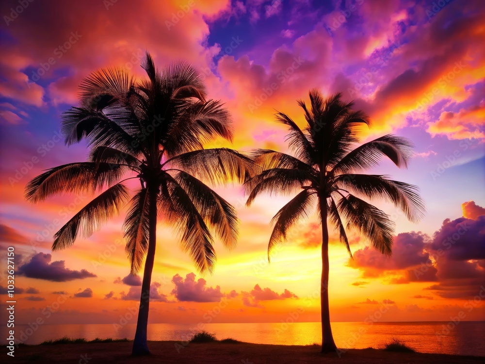 Vibrant Sunset Over Two Palm Trees in Soft Light Vibrant Sunset Over Two Palm Trees in Soft Light