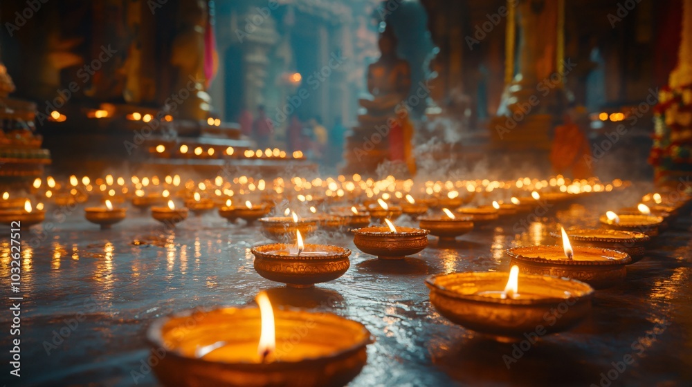 Diwali Indian temple with diyas Diwali Indian temple with diyas