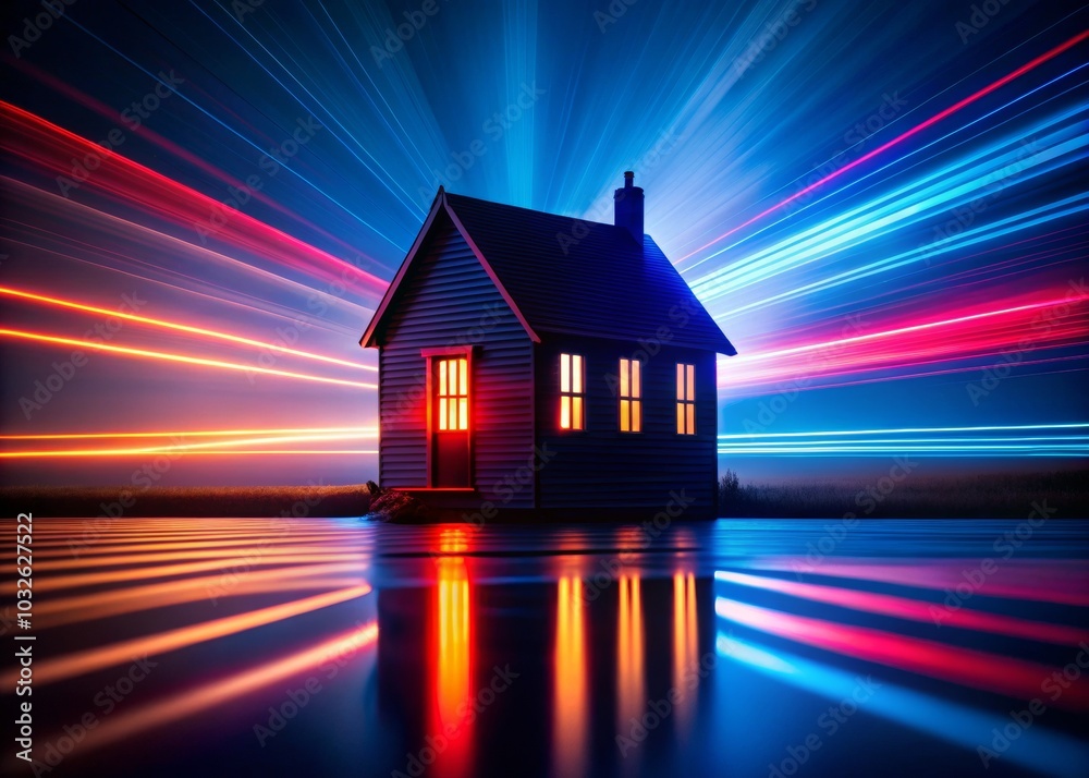 Cozy Small House with Vibrant Red Lights at Night Cozy Small House with Vibrant Red Lights at Night
