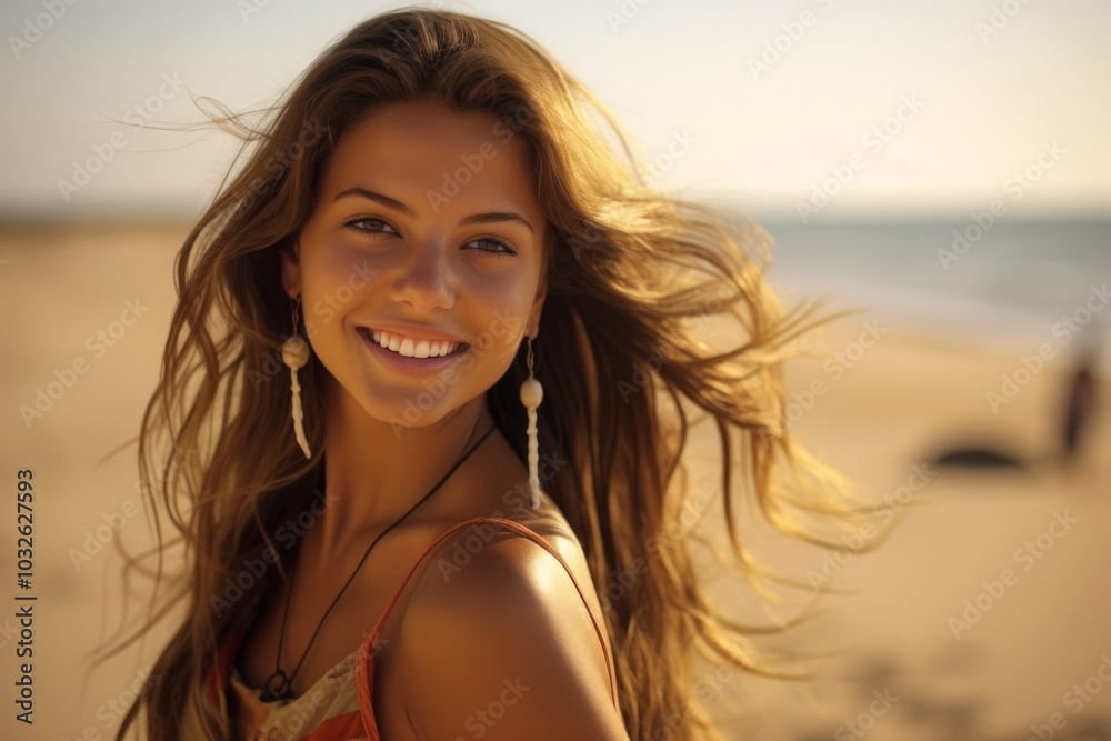 A woman with long hair and earrings is smiling at the camera on a beach A woman with long hair and earrings is smiling at the camera on a beach