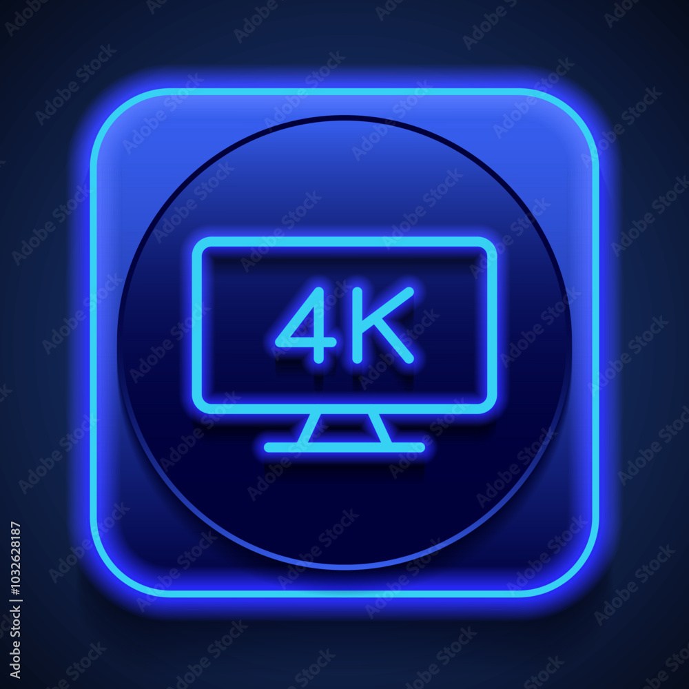 4K, TV simple icon vector. Flat design. Blue neon style on button. With shadow 4K, TV simple icon vector. Flat design. Blue neon style on button. With shadow