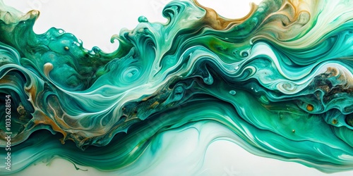 Ethereal Swirls Close-Up Abstract Flowing Paint in Vibrant Green and Gold, Tranquil Beauty in Motion, Luxurious Visual Feast for Art and Design, Home Decor Accent