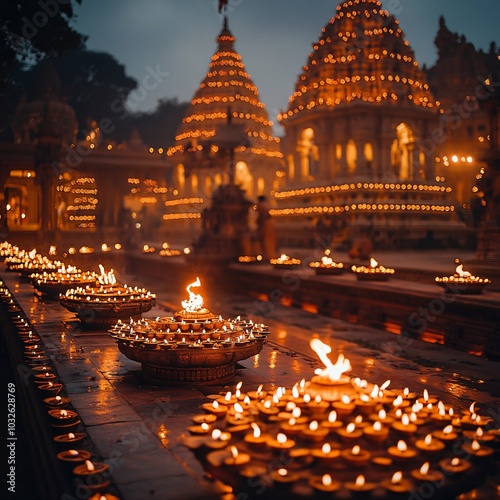 Diwali Indian temple with diyas  photo