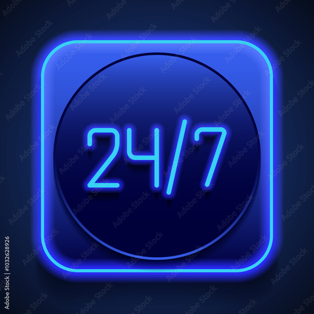 24h hours a day and 7 days a week simple icon, vector. Flat design. Blue neon style on button. With shadow 24h hours a day and 7 days a week simple icon, vector. Flat design. Blue neon style on button. With shadow