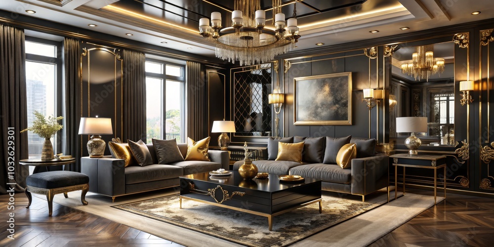 Luxurious Black and Gold Living Room Interior with Plush Velvet Sofa, Elegant Furnishings, Grand Chandelier, and Urban View - Sophisticated Home Decor Inspiration Luxurious Black and Gold Living Room Interior with Plush Velvet Sofa, Elegant Furnishings, Grand Chandelier, and Urban View - Sophisticated Home Decor Inspiration