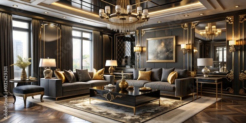 Luxurious Black and Gold Living Room Interior with Plush Velvet Sofa, Elegant Furnishings, Grand Chandelier, and Urban View - Sophisticated Home Decor Inspiration