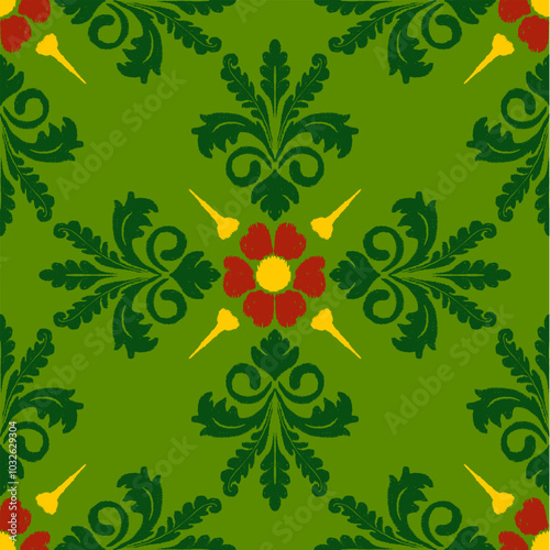 A vibrant floral pattern featuring green leaves and bright red flowers, accented by yellow details on a green background.