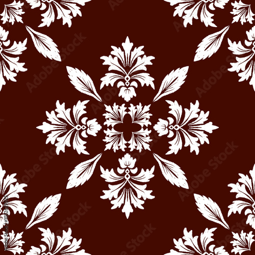 A symmetrical floral pattern in white on a rich brown background, showcasing elegant leaf and flower designs for a classic retro feel.