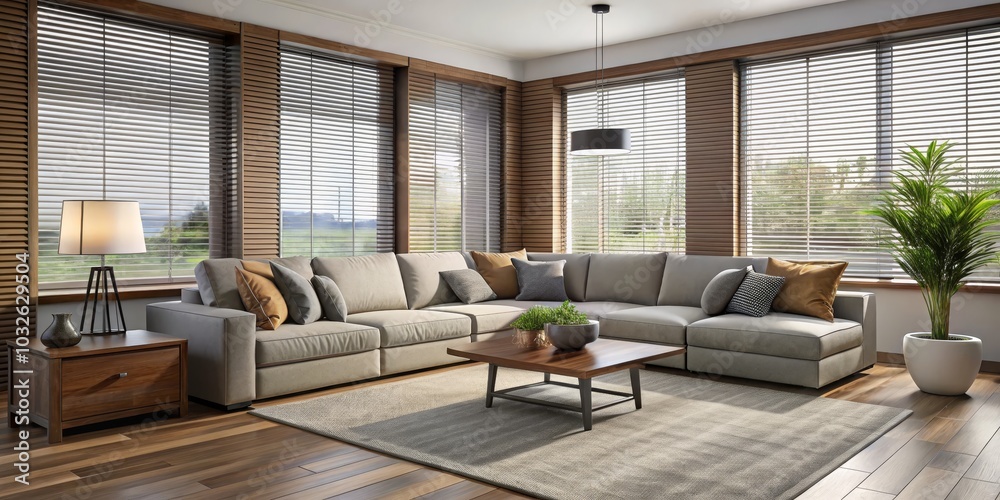 Luxurious Modern Living Room Interior with Light Grey Sectional Sofa, Tranquil Atmosphere, Symmetrical Layout, and Soft Lighting for Interior Design Inspiration and Home Decor Ads Luxurious Modern Living Room Interior with Light Grey Sectional Sofa, Tranquil Atmosphere, Symmetrical Layout, and Soft Lighting for Interior Design Inspiration and Home Decor Ads