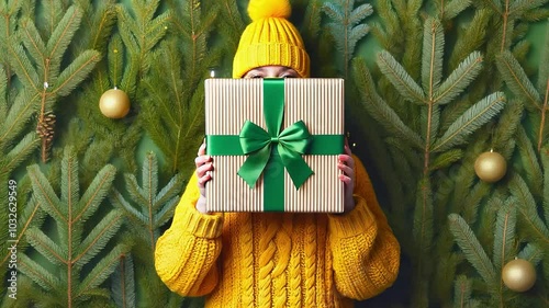A person in a yellow sweater holds a gift with a green ribbon in front of a Christmas tree
