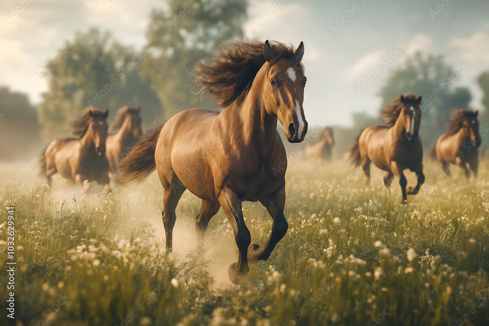 Wild Horses Running Through a Meadow: A herd of wild horses galloping freely through a lush, open field, Animal wildlife photography Wild Horses Running Through a Meadow: A herd of wild horses galloping freely through a lush, open field, Animal wildlife photography