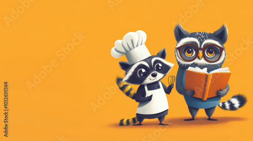 Culinary Collaboration: A Raccoon Chef and Owl Recipe Expert on a Pale Orange Background. Creative Animal Illustration with Ample Copy Space.