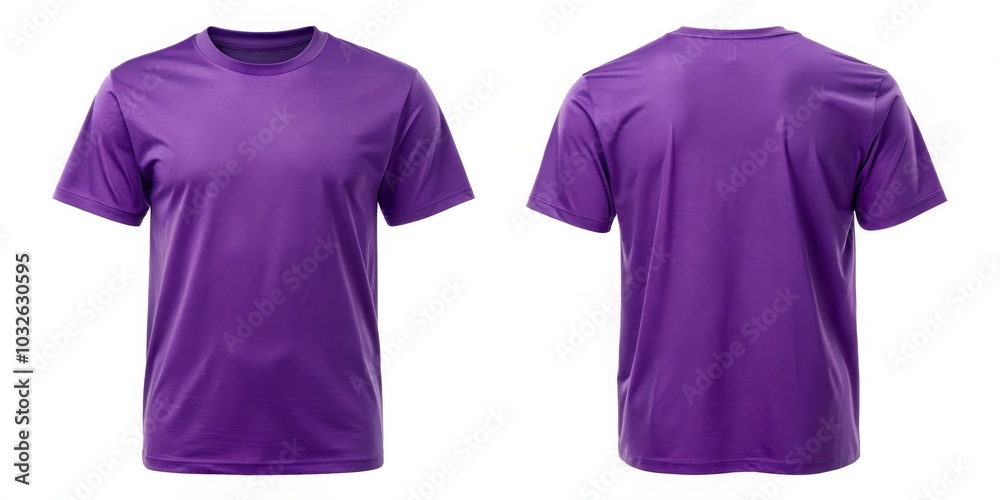 Minimalist Purple T-Shirt Duo Displayed for Online Shopping Front and Back Views of Plain Short-Sleeved Shirt on Clean White Background - Simple, Symmetrical Fashion Presentation Minimalist Purple T-Shirt Duo Displayed for Online Shopping Front and Back Views of Plain Short-Sleeved Shirt on Clean White Background - Simple, Symmetrical Fashion Presentation