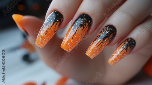 Hand adorned with long orange artificial nails featuring Halloween-themed nail art 