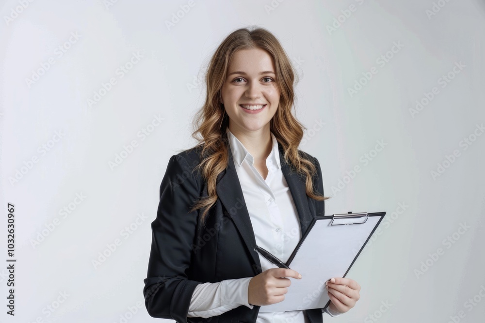 Confident businesswoman signs contract with clipboard on white background. Confident businesswoman signs contract with clipboard on white background.
