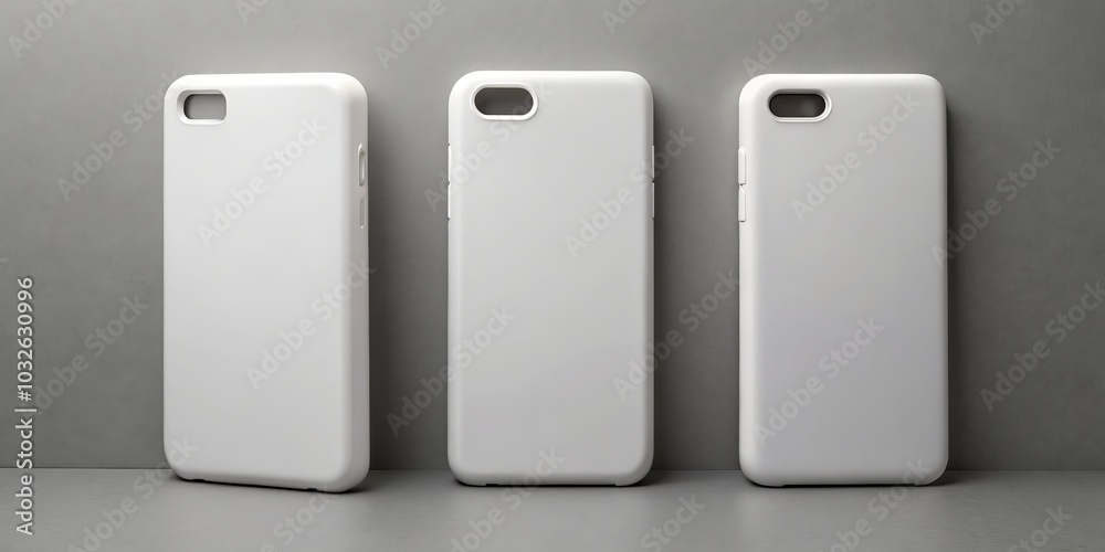 Minimalist White Smartphone Cases Trio on Gray Surface - Sleek Tech Accessories Mockup for Stylish Branding and Product Display Minimalist White Smartphone Cases Trio on Gray Surface - Sleek Tech Accessories Mockup for Stylish Branding and Product Display