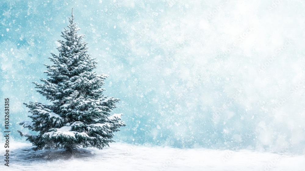 An evergreen tree blanketed in soft snow evokes tranquility during a winter day An evergreen tree blanketed in soft snow evokes tranquility during a winter day