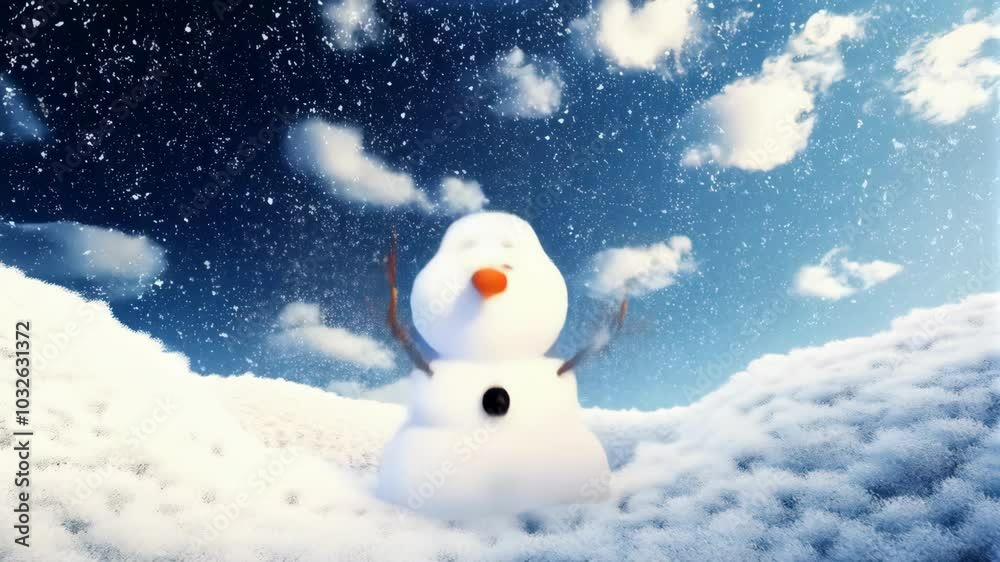 A cheerful snowman enjoys playing and having fun in a winter wonderland, surrounded by soft snow and a stunning blue sky, creating a magical and festive atmosphere A cheerful snowman enjoys playing and having fun in a winter wonderland, surrounded by soft snow and a stunning blue sky, creating a magical and festive atmosphere
