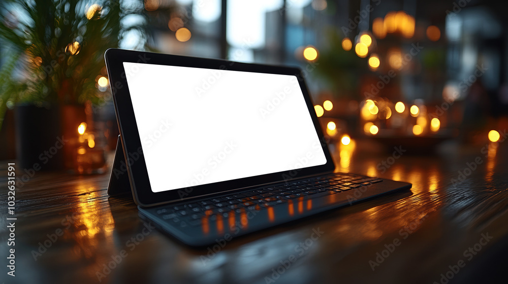 A laptop with a blank screen positioned in a stylish home office, creating an inviting atmosphere for productivity. Mockup, mock-up A laptop with a blank screen positioned in a stylish home office, creating an inviting atmosphere for productivity. Mockup, mock-up