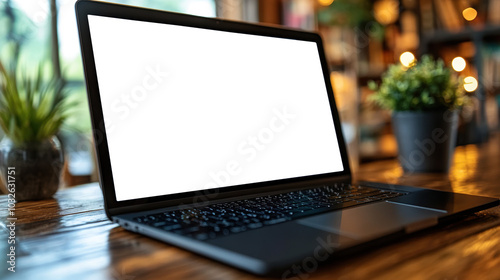 A sleek laptop with a blank screen set on a stylish desk, ready for creative work. Mockup, mock-up