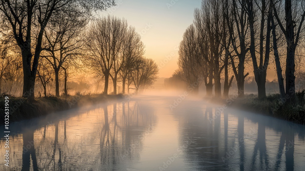 Serene Dawn Over Misty River Surrounded by Trees Serene Dawn Over Misty River Surrounded by Trees