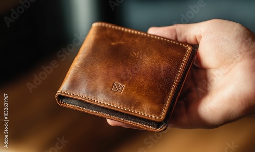 A hand holds a brown leather wallet.