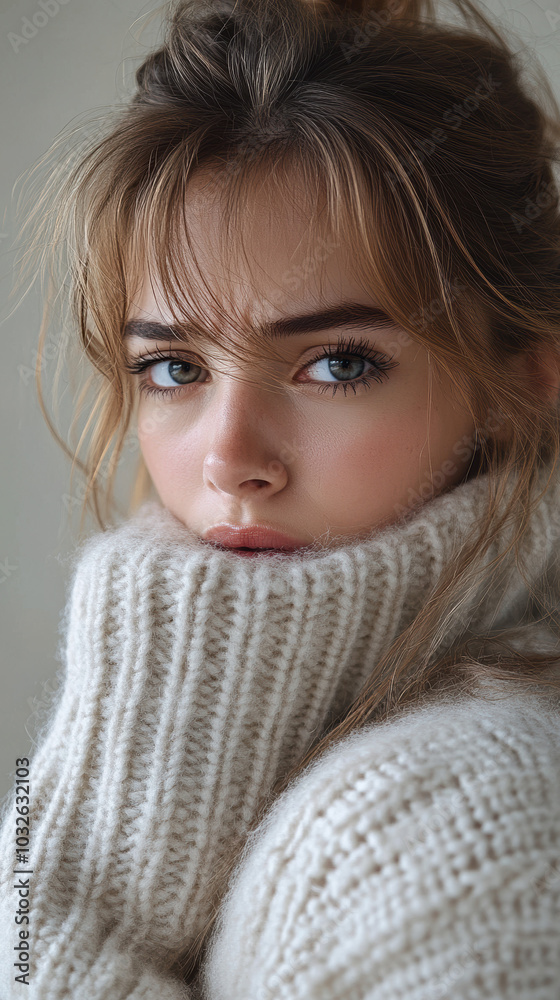 Portrait of a young woman with a serious expression, showcasing natural beauty and emotional depth in a cozy sweater.