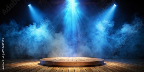 Mystical Spotlight on Circular Wooden Stage in Ethereal Atmosphere - Theatrical Elegance and Dramatic Ambiance for Creative Designs and Events