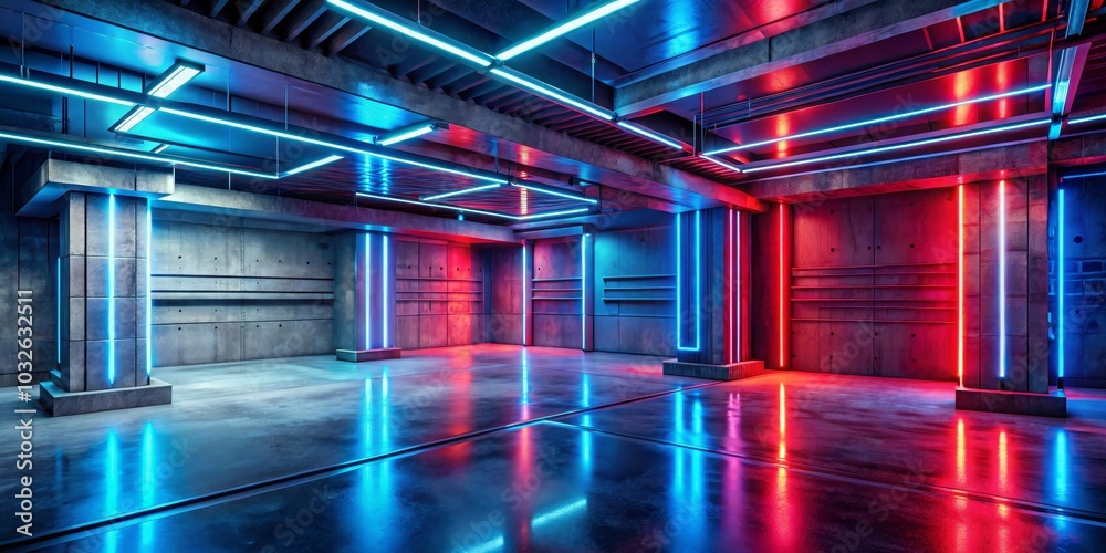 Fototapeta premium Neon Illuminated Industrial Space Futuristic Blue and Red Lights in Modern Concrete Room