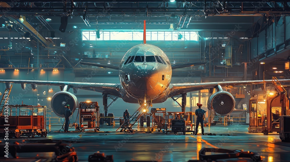 Mechanics at Work in a Vibrant Aircraft Hangar Mechanics at Work in a Vibrant Aircraft Hangar