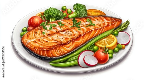 Roasted salmon steak with asparagos broccoli carrot tomatoes radish green beans and peas. Fish meal with fresh vegetable photo