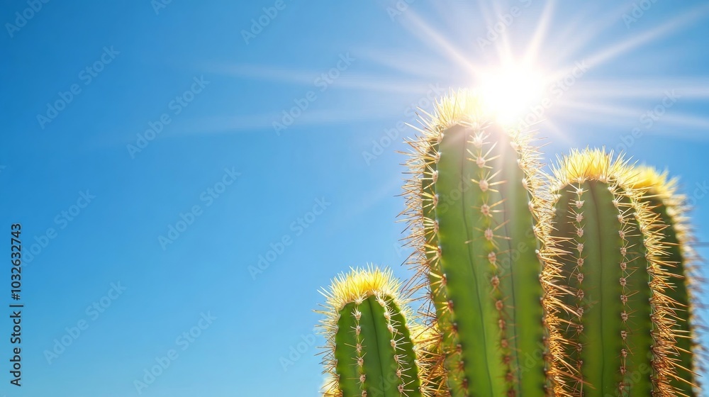 Tall cacti flourish under the brilliance of the hot summer sun against a clear blue sky Tall cacti flourish under the brilliance of the hot summer sun against a clear blue sky