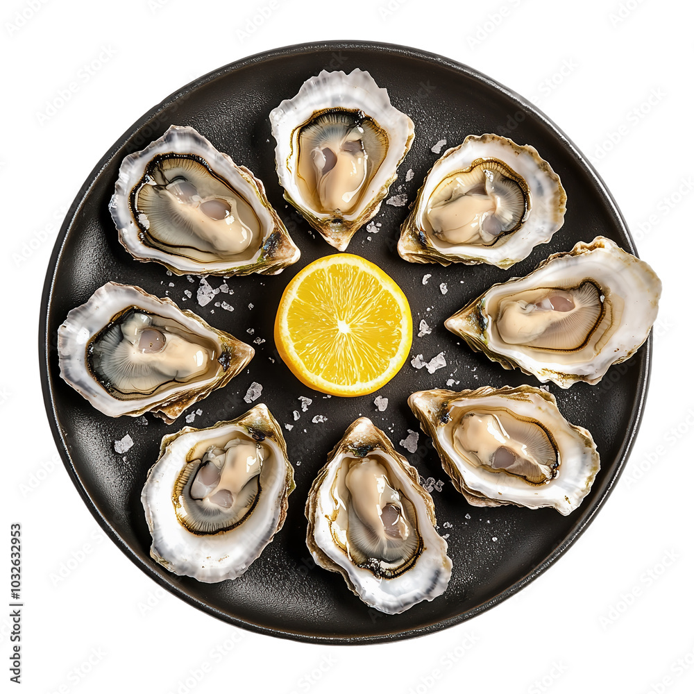 Dark plate with oysters on white background. Dark plate with oysters on white background.