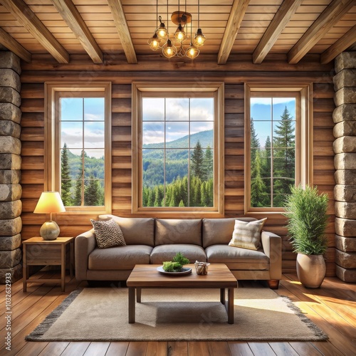 Rustic Elegance Cozy Living Room with Nature Views, Tranquil Cabin Setting, Serene Atmosphere - Ideal for Interior Design, Real Estate, and Relaxation Retreats